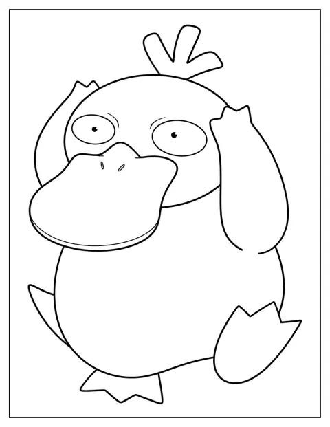 Psyduck posa con las patas junto a la cabeza.