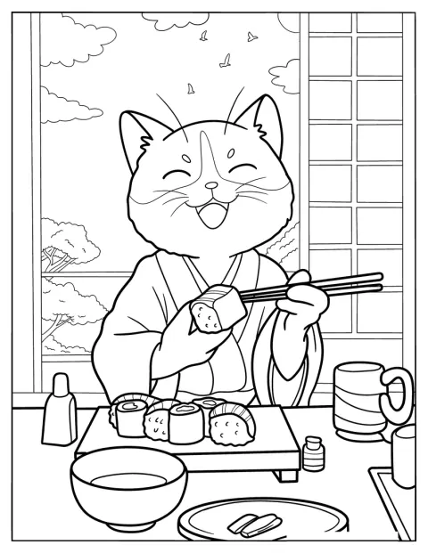 Šťastná kočka oblečená do jukaty jí sushi.