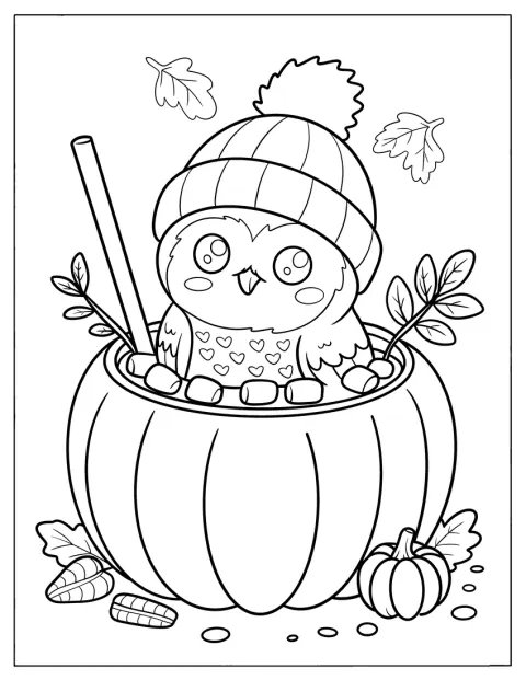 Autumn Owl Coloring Page Inside a Pumpkin Spice Latte Drink