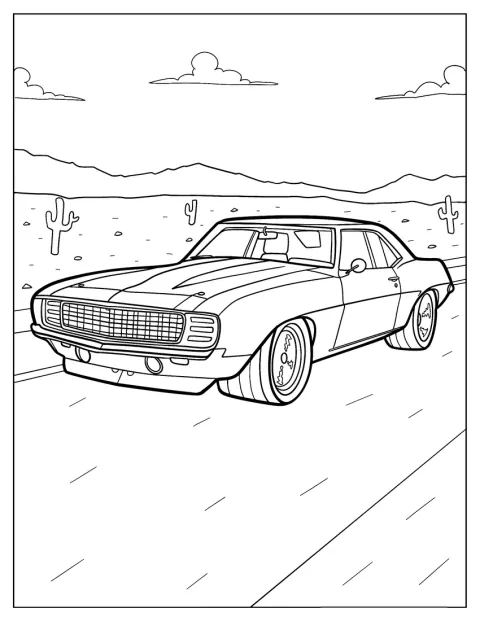 Um Chevrolet Camaro personalizado de 1969 está parado numa paisagem desértica.