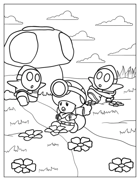 Mehrere Shy Guys rennen Toad hinterher.