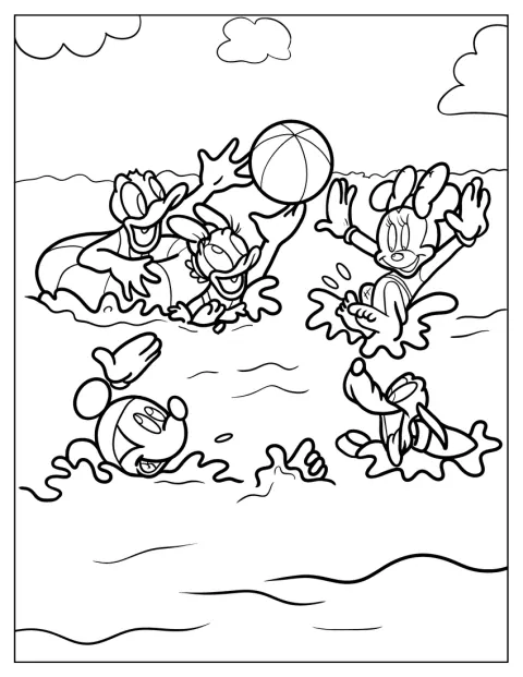 Swimming Coloring Page Of Donald Duck, Daisy Duck, Mickey Mouse, And Minnie Mouse, With Pluto Playing In The Sea