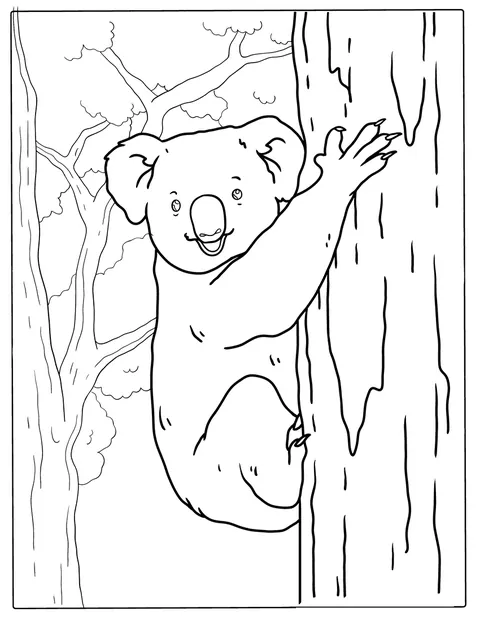 En smilende koala klatrer op ad et gummitræ.