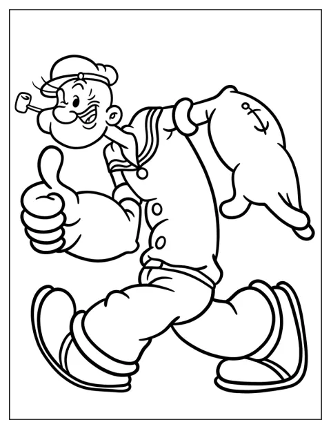 Popeye spaziert selbstbewusst mit einer Pfeife im Mund.