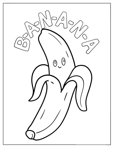 Des lettres surmontent une banane au visage souriant.