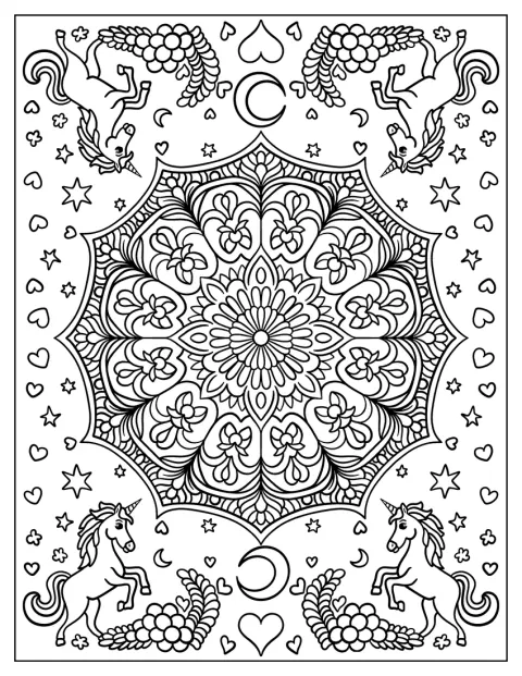 花模様の曼荼羅の四隅に、ユニコーンが描かれています。