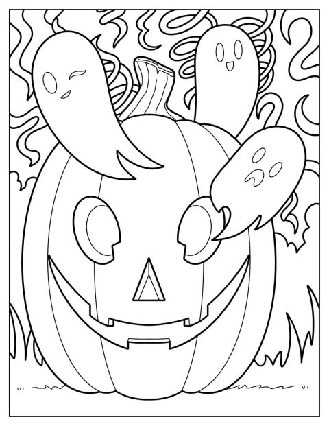 Fantasmini in stile chibi spuntano da una zucca intagliata sorridente.