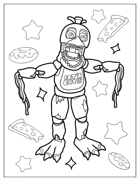 Withered Chica, de Five Nights at Freddy’s, posa con aspecto desgastado y siniestro.