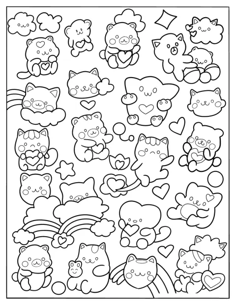 Varios animales de peluche aparecen junto a coloridos arcoíris.