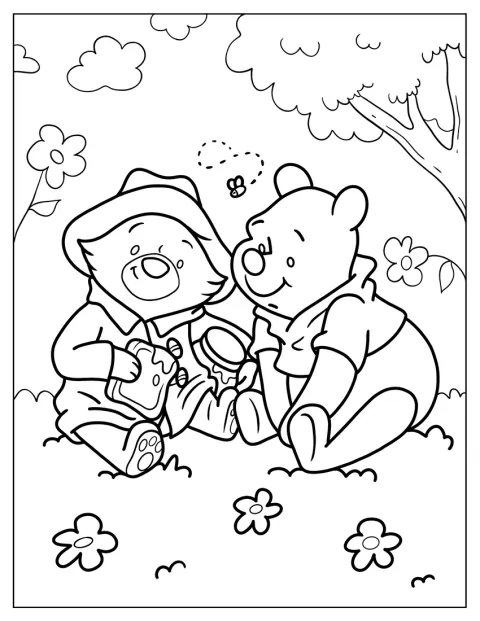 Paddington og Ole Brumm sitter sammen og spiser en sandwich.
