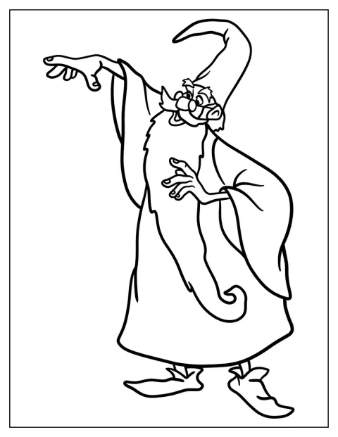 Merlin apparaît en sorcier dans un dessin aux formes simples.
