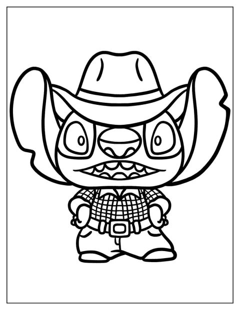 Stitch w kowbojskim kapeluszu pozuje z szerokim uśmiechem.