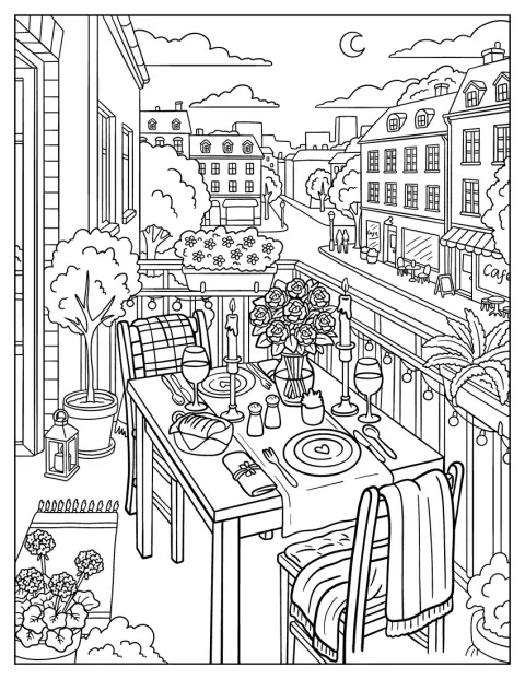 Et dækket bord med blomster og levende lys står på en tagterrasse med udsigt over byen.