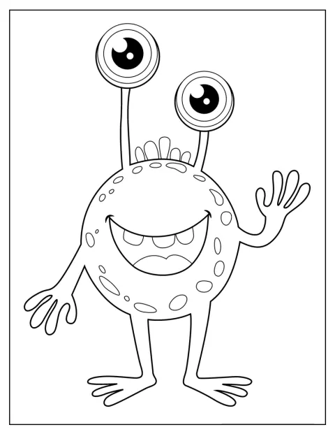 Een schattig kawaii-monster zwaait vrolijk.