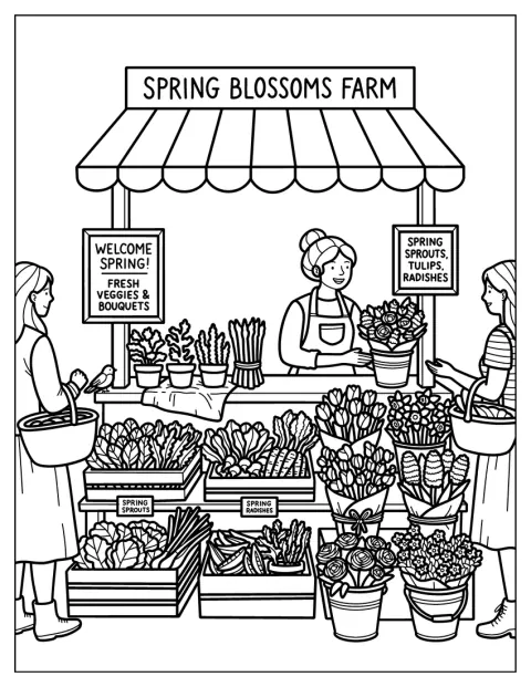 Un étal de marché présente des produits frais de la saison printanière.