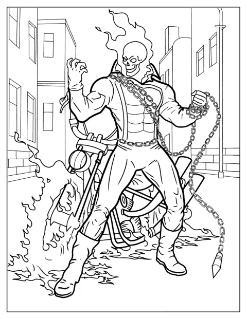 Diante da sua mota, Ghost Rider segura a corrente infernal.