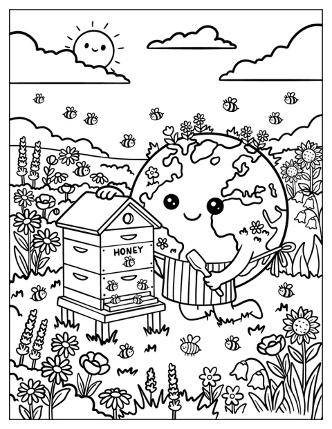 Dans un pré fleuri, la Terre prend soin d’une ruche.