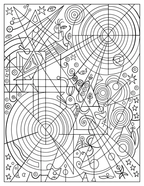 Des cercles géométriques et des volutes s’organisent en motif abstrait.