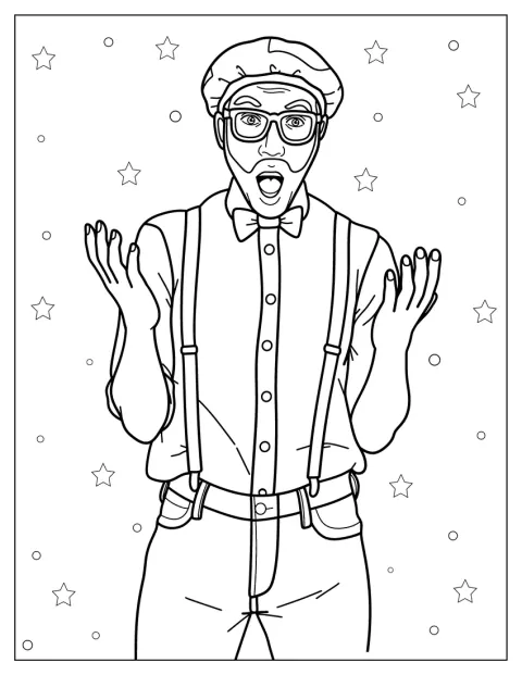 Blippi se usmívá v jednoduchém portrétu.