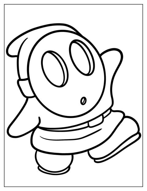 Shy Guy surge de frente, desenhado com linhas simples.