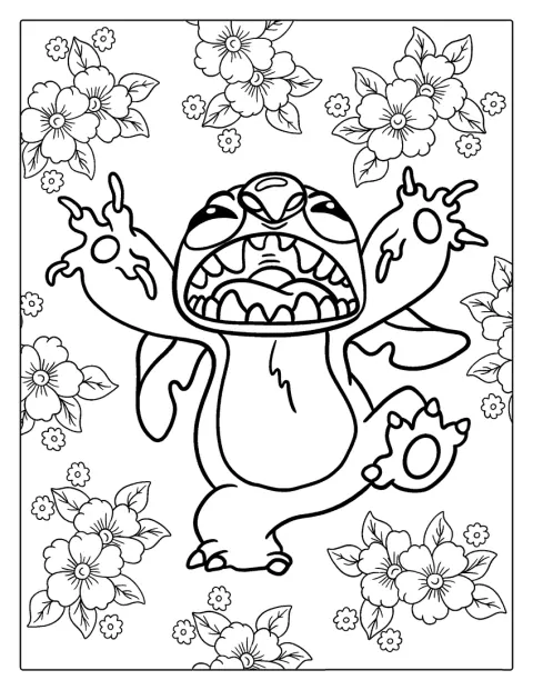 Stitch surge com um ar assustador, rodeado de flores de hibisco.