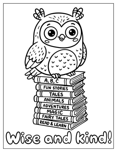 Un búho se posa sobre una pila de libros en un ambiente escolar.