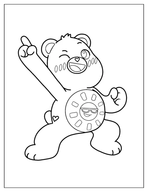 Funshine Bear encourage quelqu’un avec enthousiasme.