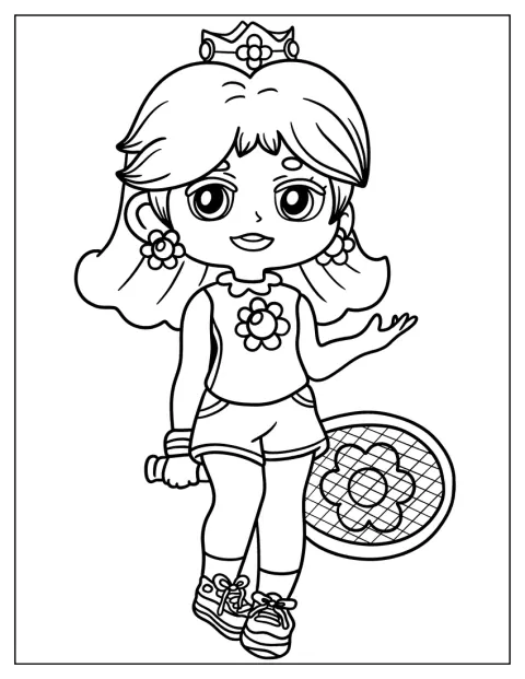 Prinses Daisy houdt een tennisracket vast in haar schattige chibi-stijl.