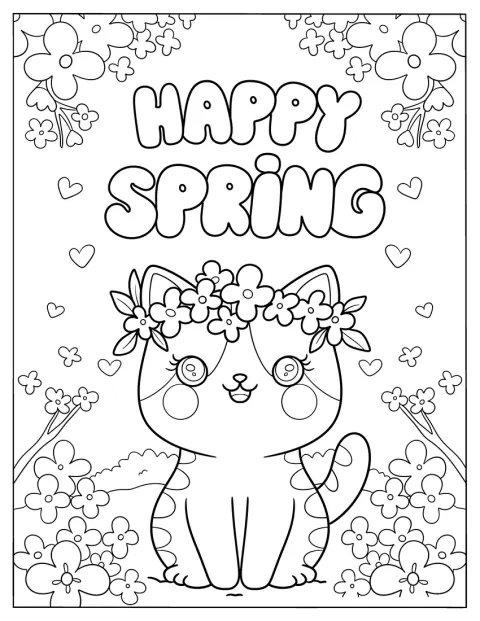 En katt med blomsterkrans sitter under orden glad vår.