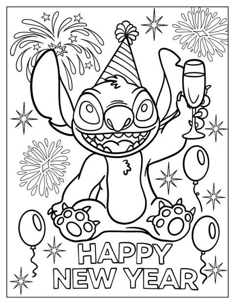 Stitch poartă o pălărie de petrecere și ridică un pahar de vin pentru Anul Nou.