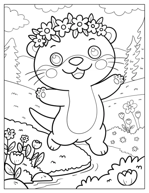 En glad odder med blomsterkrans danser i parken.