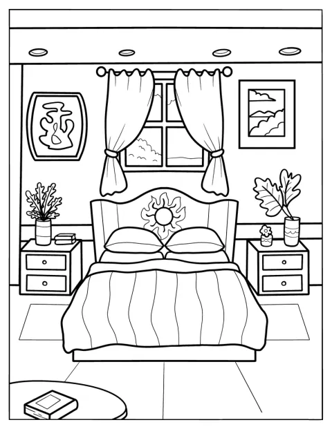 La luz entra en un dormitorio con cama doble, mesillas, cuadros y alfombras.