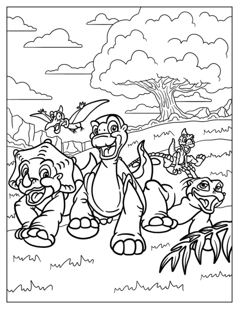 Vários dinossauros de À Procura do Vale Encantado correm juntos.