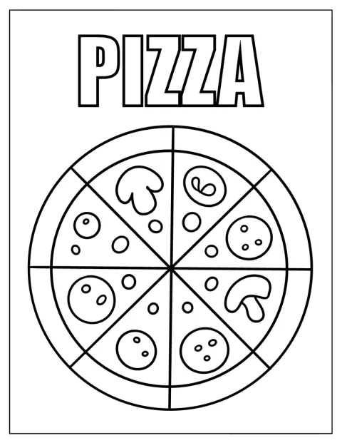 Eine geometrisch gestaltete Pizza steht neben einem Schriftzug.