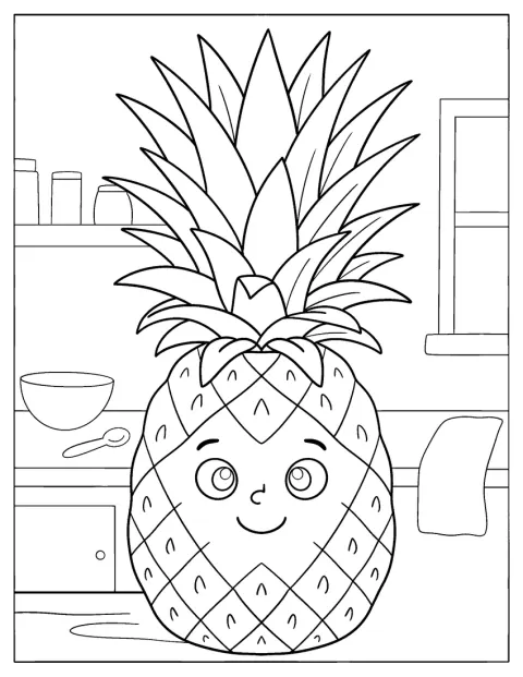 Usměvavý ananas stojí v kuchyni.