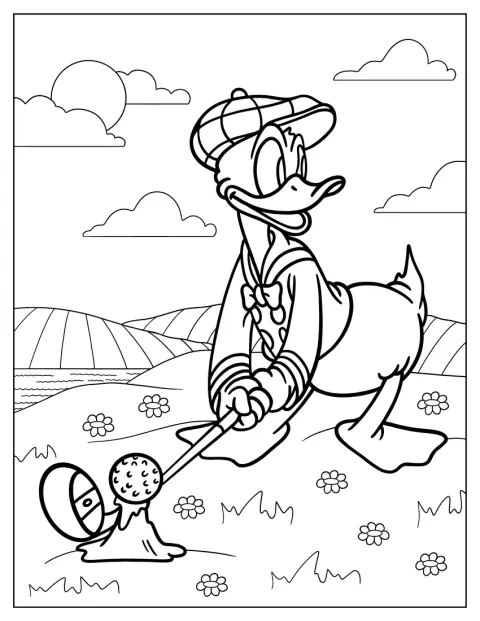 Donald Duck spielt Golf und schwingt seinen Schläger auf dem Golfplatz.