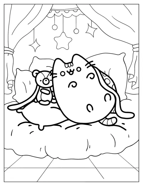 Pusheen abraza a un osito de peluche.
