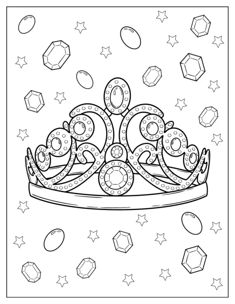 Uma coroa ornamentada apresenta várias pedras preciosas.
