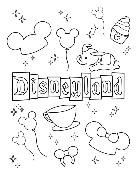 Easy Disneyland Coloring Page Words With Cartoons In Background