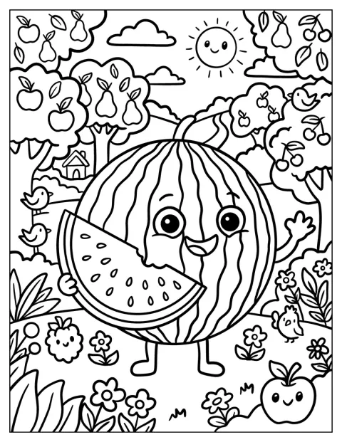 En vannmelon holder en skive i en solrik frukthage.