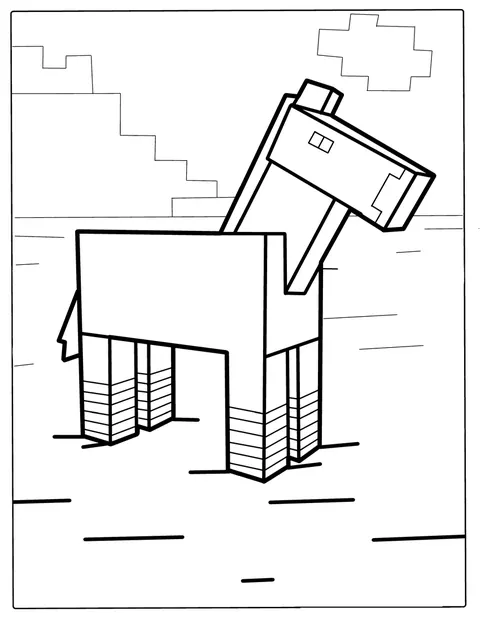Kůň z Minecraftu stojí na otevřeném prostranství.