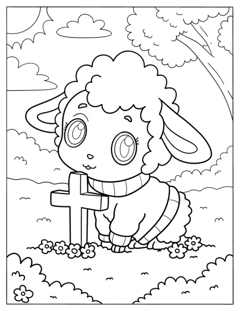 Et sødt får i sweater læner sig over et lille kors.