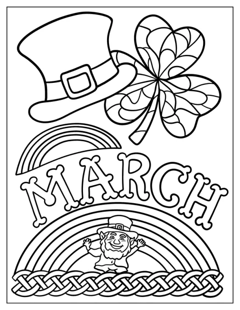 Un trifoi și o pălărie de leprechaun apar lângă un curcubeu și cuvântul „martie”.