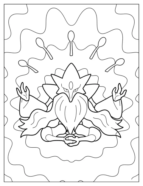Mega Alakazam houdt zijn armen omhoog terwijl lepels om hem heen zweven.