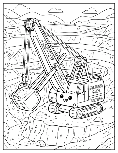 Ein kleiner Seilbagger hebt an einem Bergwerk mit kabelgesteuerter Schaufel Erde aus.