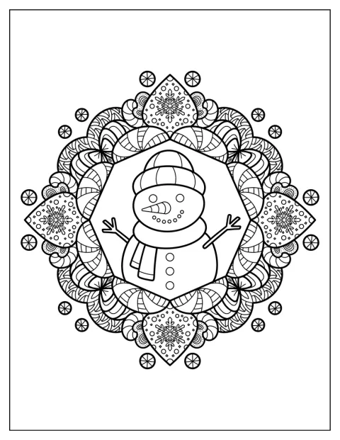 Un om de zăpadă și fulgi apar într-o mandala cu modele de bomboane.
