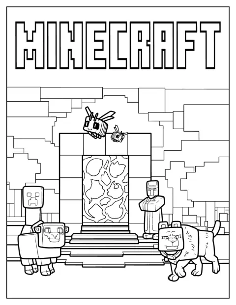 Abelhas e uma ovelha rodeiam um golem de ferro e um portal de Minecraft.