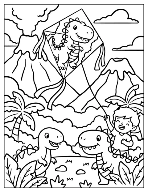 Un bambino fa volare nel cielo un aquilone a forma di dinosauro.