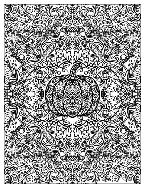 Koristeellinen kurpitsamandala muodostuu tammenterhoista ja lehdistä.