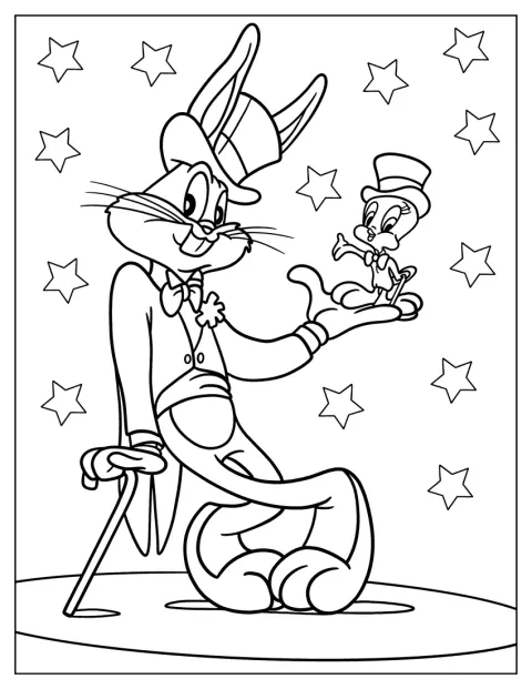 Bugs Bunny y Piolín lucen trajes de mago.